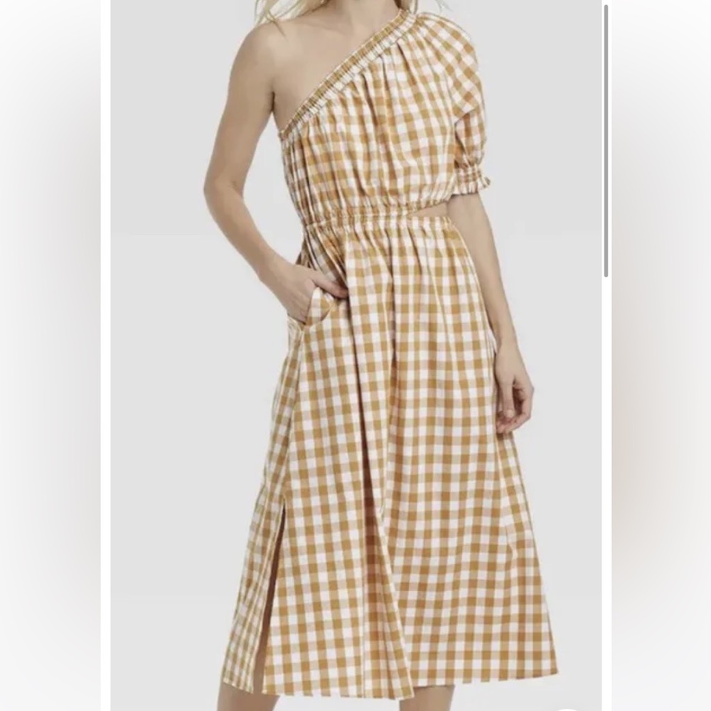 Who What Wear Gingham One Shoulder Cutout Midi Dress Mustard Size M